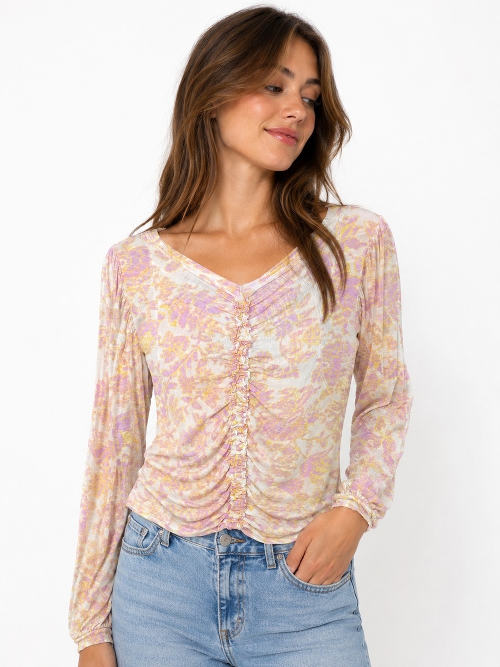 Free People Ruched V-Neck Pink Floral Tunic Oversized Small
